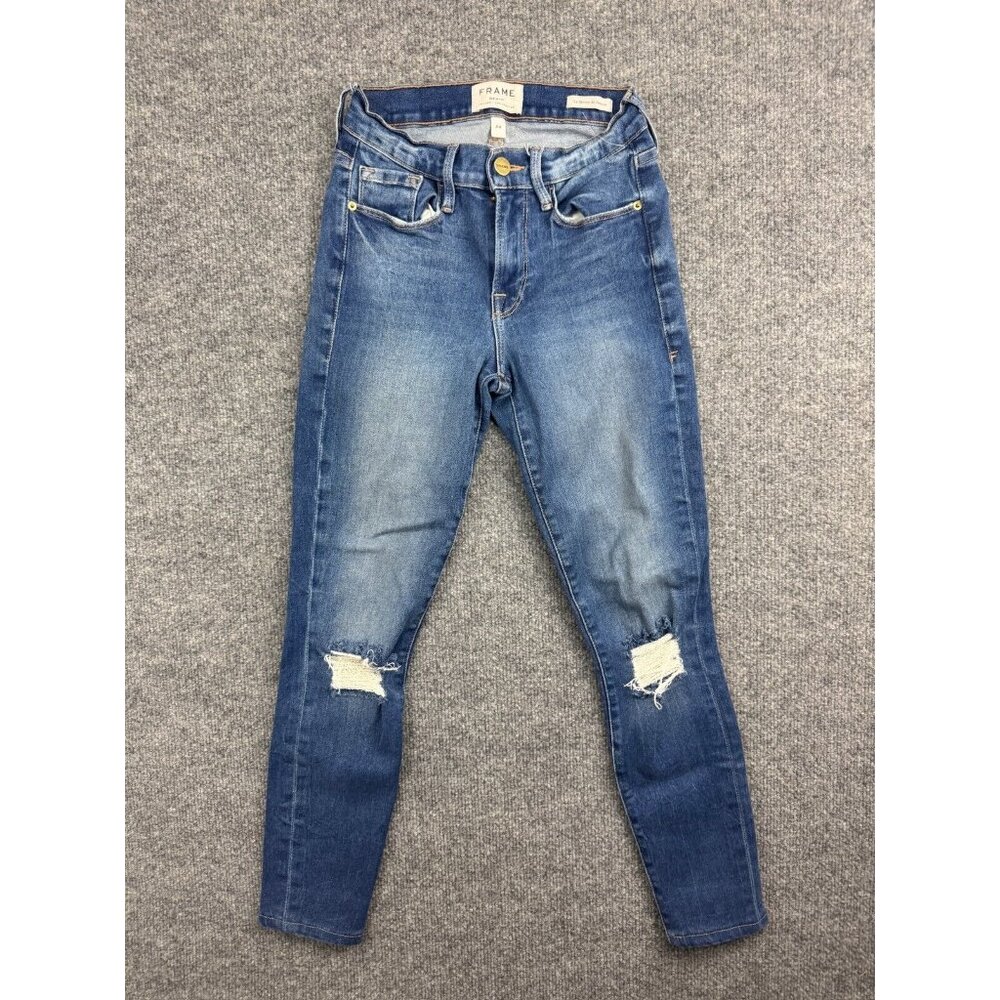 Frame Le Skinny de Jeanne Women's 24‎ Blue Denim Distressed Mid Rise